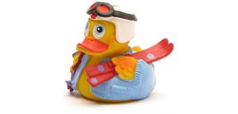 Badeente Ski mit weissem Helm und Brille - blau